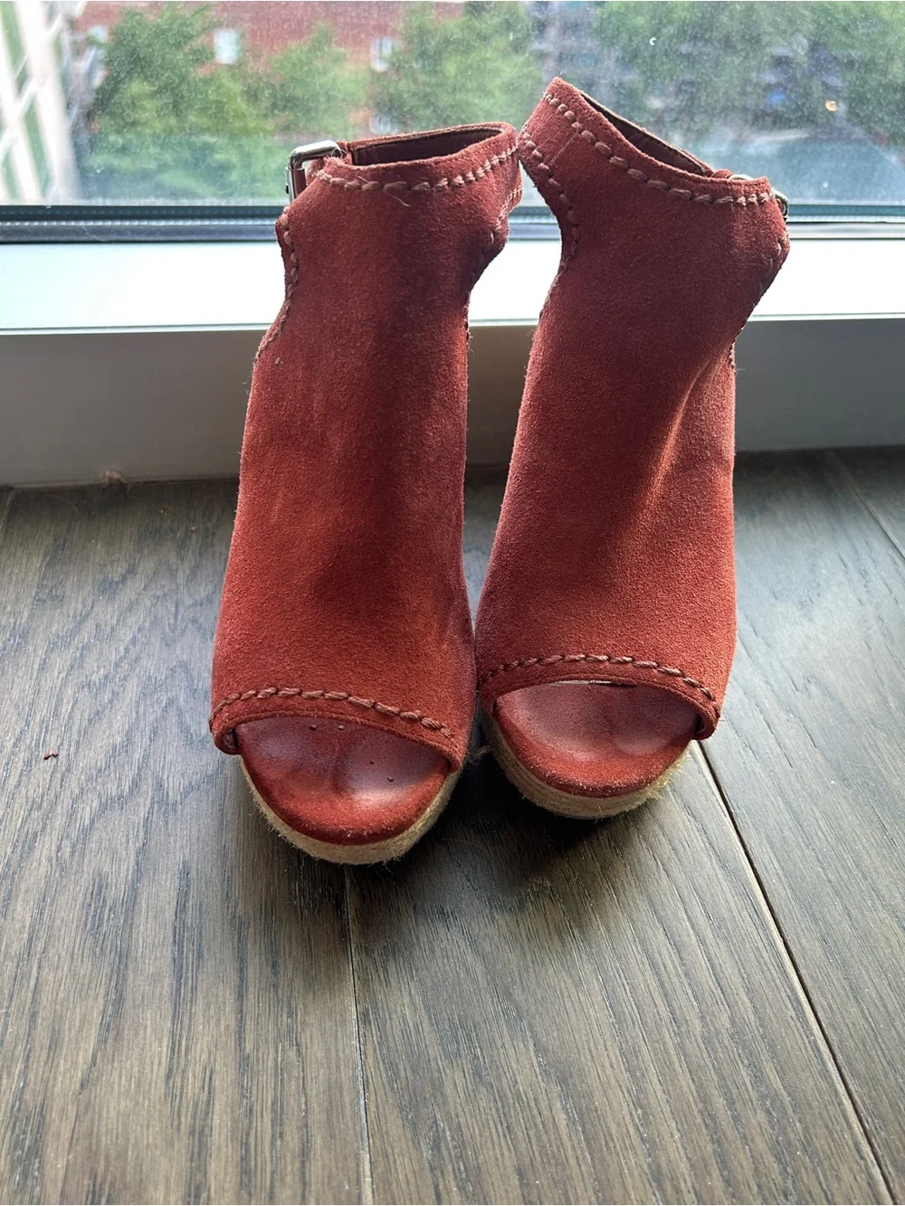 Marc Fisher Rust Suede Open-Toe Espadrille Wedges